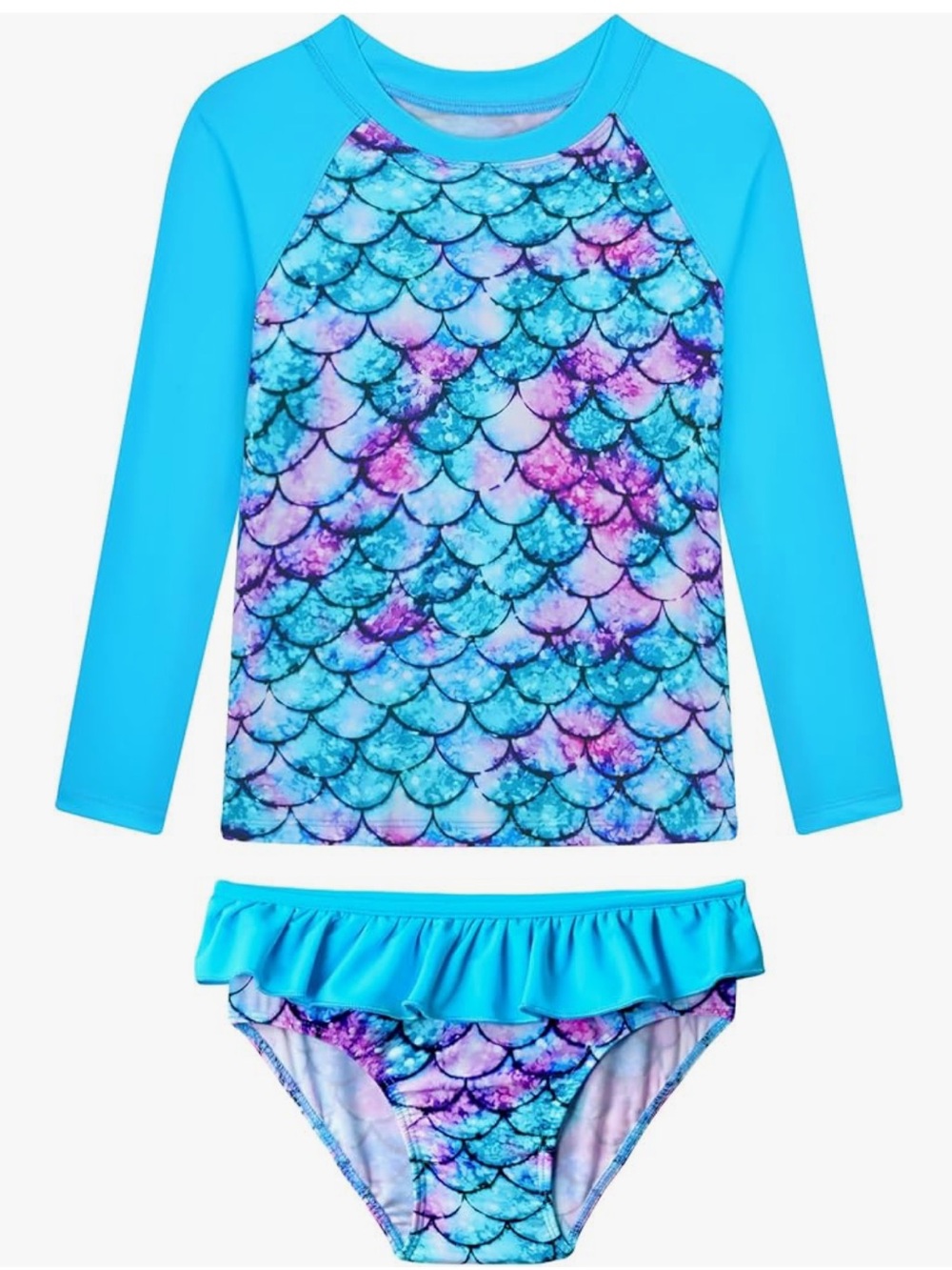 Girls Blue Mermaid-Print Rash Guard Swim Tankini Set